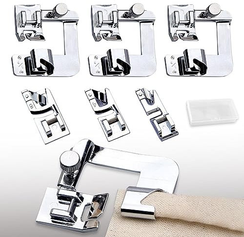 GWAWG 6 PCS Sewing Machine Foot Rolled Hem Foot Side Cutter Presser Foot,with a Storage Box