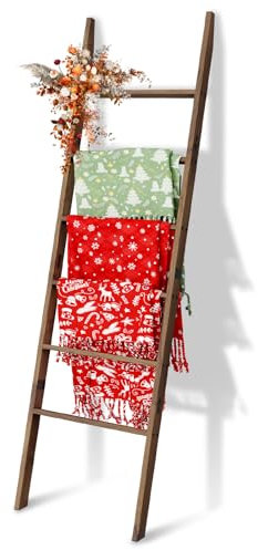 Acacia Wood 6-Tier Blanket Ladder, 5.7FT(66.5'') Blanket Quilt Towel Holder Rack Decorative Ladder Wooden, Easy Assembly, Rustic Farmhouse Ladder Shelf for The Living Room Bedroom Bathroom Home Decor