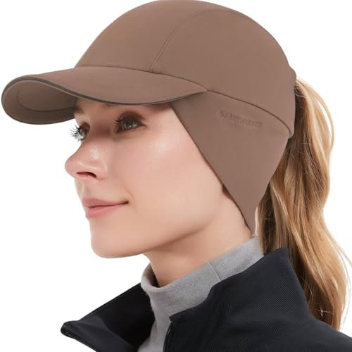 GADIEMKENSD Winter Fleece Hats Reflective Ponytail Hat for Women Baseball Caps with Ear Warmer Earflap Drop Down Mens Skull Cap Beanie with Visor Cold Hat for Outdoor Hiking Running Snow Ski Brown