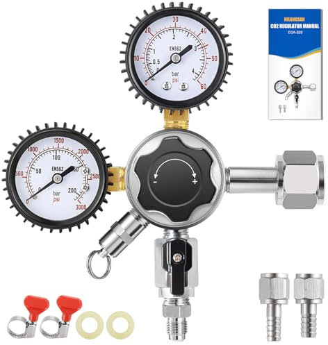 Hilangsan Co2 Regulator Beer Keg Regulator Dual Stages Kegerator Regulator CGA320 Co2 Tank Regulator Constant Co2 Pressure Regulator with Red Hose Clamps