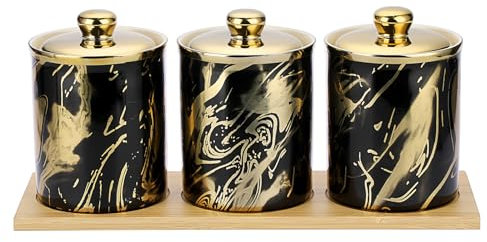JUXYES Set of 3 Ceramic Canisters Set for Sugar Coffee Tea With Tray, Luxurious Storage Containers Sets with Lids Decorative Storage Pots Marble Ceramic Storage Jar for Kitchen Dining Room
