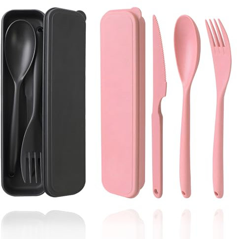 Large Travel Cutlery Set with Case,2 Sets Reusable Plastic Knife Fork Spoon Set, Portable Camping Cutlery Set for Lunch Box Work School Picnic or Daily Use (Black,Pink)