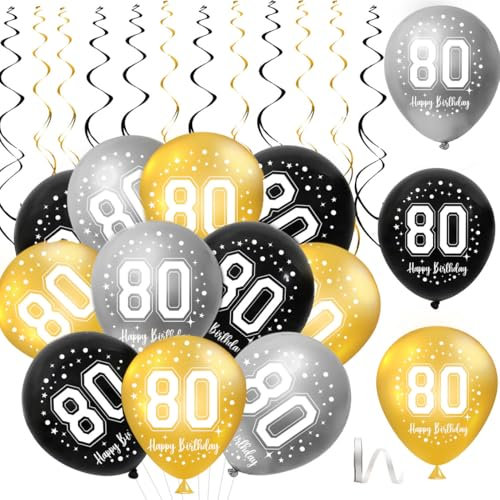 80. Geburtstag Luftballons,30 Stück Schwarz Gold Silber Happy 80. geburtstag Latex Ballon,80. Geburtstag Party Dekorationen Luftballons für Manner Frauen 80. Geburtstags Dekor