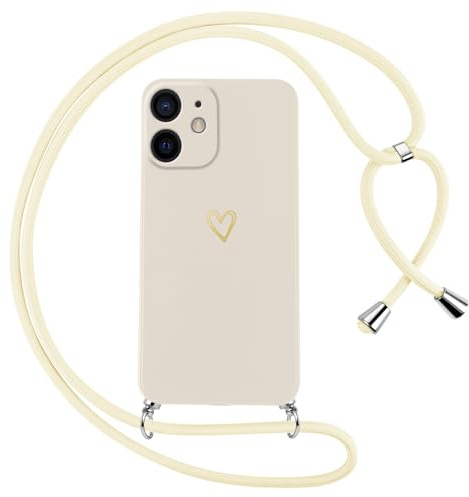 Oelrstfe Handyband für iPhone 12 Hülle mit Band Herz Motiv Handyhülle für zum Umhängen Silikon Stoßfest Ultra Dünn Weich Schutzhülle mit Kordel Necklace Kette Gold Love Muster Case Cover,Weiß