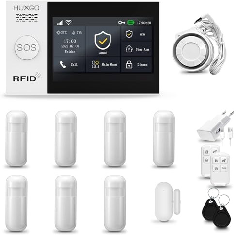 HUXGO® HXA007 Système d'alarme Maison WiFi + GSM avec Sirène | Alarme Maison avec capteur de fenêtre sans Fil, 7X détecteurs de Mouvement | Kit d'alarme Anti Intrusion pour Appartement, Garage