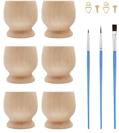 6 Pieces Egg Cups, 1 Set of Oil Painting Pens, Wooden Egg Cups, Colorable Egg Cups, Wooden Egg Containers, Egg Holders, Decorative Egg Cups, Egg Container Accessory Set