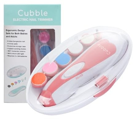 Cubble 8 in 1 Baby Safe and Quiet Electric Nail File Kit, Nail Trimmer with LED Lights for Newborns and Toddlers, 6 Nail Trimmer and Grinding Pads, and 4 Speed Modes (Pink)