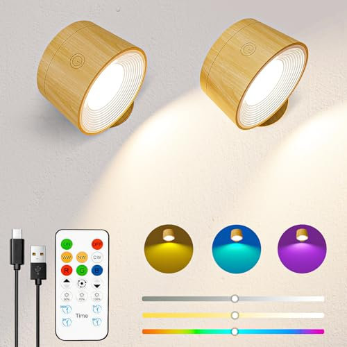 Speclux Battery Operated Wall Lights 2 Pack Wood Grain, LED Rechargeable Wall Lights Indoor, 3500mAh Magnetic Wall Lamp with Remote, 3 Color Temperatures & 13 RGB & Dimmable 360° Free Rotation Sconces