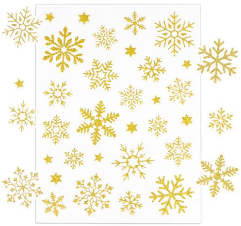 BETESSIN 5 Hojas Pegatinas de Navidad, Pegatinas Adhesivas Doradas Copos de Nieve, Adorno Decorativo Navideño para Scrapbooking Tarjeta Cajas de Regalo Ventanas Pared Decoración Navidad para NIños