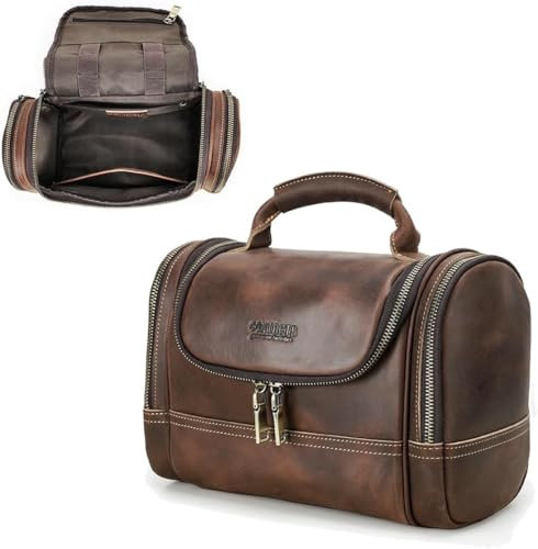 Contacts Crazy Horse Trousse de toilette en cuir pour homme et femme, trousse de toilette de voyage, salle de bain, trousse de toilette, organiseur vintage marron, grande trousse à maquillage, marron,