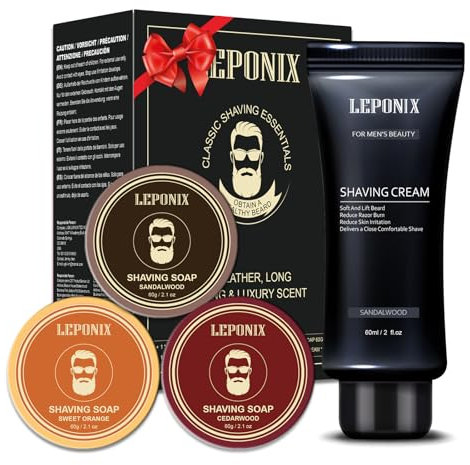 Rasierset für Männer - 3 Rasierseife & Sandelholz Rasiercreme für Ergiebigen Rasierschaum - Glatte Nassrasur für Männer - Duftendes Sandelholz/Zeder/Süße Orange