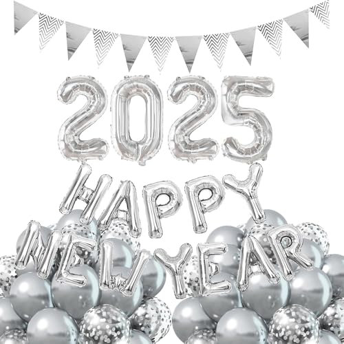 Happy New Year Deko 2026, Silvester Deko 2026, Deko Silvester Party, Happy New Year Folienballon Banner, 2026 Folienballon, Silber Konfetti Luftballons für Silvesterpartydeko Neujahrsdeko Accessoire