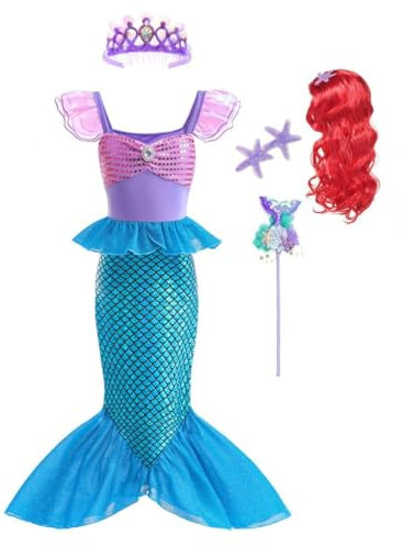 Lito Angels Prinzessin Meerjungfrau Arielle Kostüm Kleid Verkleidung mit Krone & Perücke für Kinder Mädchen Größe 5-6 Jahre 116 (Tag-Nummer 130)