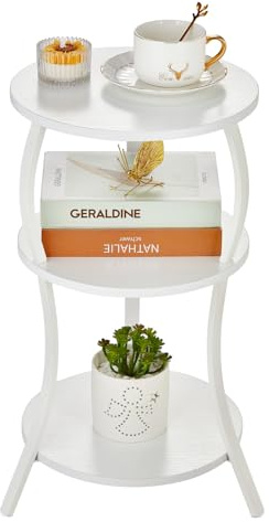 Vintage Small Round Side Table,3-Tier Slim Waist End Table for Small Spaces | Circular Table with Storage Shelf,Compact Tea Sofa Table Corner Table Nightstand for Living Room Bedroom,White