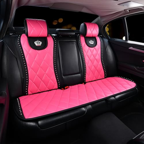 Carshaping Helles luxuriöses Autositzbezüge, glitzernde Strasssteine, Metallkrone, Queen-Sitzbezug, universelle Passform, Auto-Rücksitzbezug-Set (komplettes Set, Rosa)
