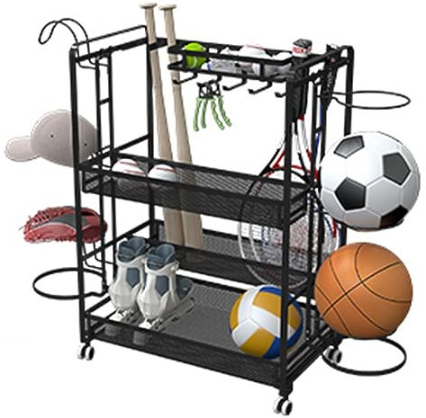 YFWOKSL Ball Organizer,Large Basketball Rack, Gym School Indoor Outdoor Sports Ball Storage Cart with Hooks & Wheel, Large Capacity Multi-Functional Rack