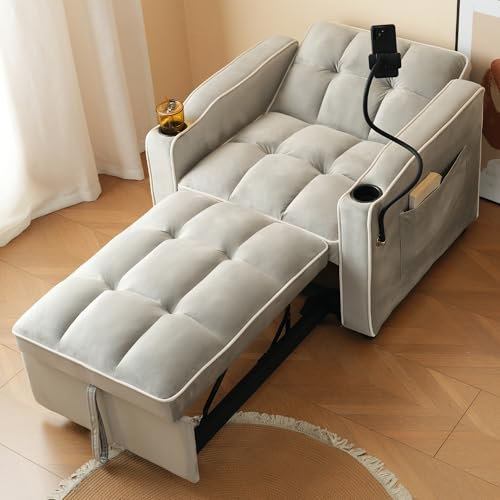 Divano letto singolo allungabile 3 in 1: con portabevande e supporto per cellulare, sedia a sdraio, poltrona letto, poltrona, perfetto per piccoli spazi, 83 x 167 x 76 cm (grigio antico)
