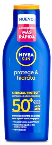 NIVEA SUN Protege & Hydrate Sonnenlotion FP50+ (200 ml), schnell einziehende und wasserabweisende Sonnencreme 50, feuchtigkeitsspendender Schutz mit Vitamin C und Hyaluronsäure, sehr hoher UVA