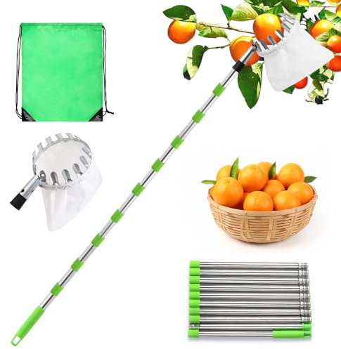 Edencomer Cueille Fruit Telescopique, 4,2m Cueillette Cerise Réglable avec Sac De Rangement - Perche Ramasse Cerise Telescopique en Acier Inoxydable pour Cerises, Pommes, Pêches, Oranges (4,2m)