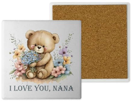 Keramik-Untersetzer, handbedruckt, 10 x 10 cm, niedliches Teddybär-Design, Nana, sentimental, handgefertigt in Großbritannien
