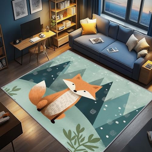 AevuCub Fuchs Deko, Süße Waldtiere Teppich 100x150 Kurzflor, Teppich Wohnzimmer Waldtiere Kinderzimmer, Weich rutschfest Waschbare Teppiche, Bettvorleger Schlafzimmer Kinderzimmer