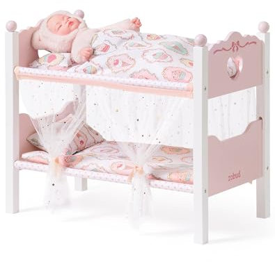 ROBUD Holzpuppen-Etagenbett, 2-in-1-Convertible Puppenbett mit Bettwäsche, Baldachin Vorhänge & Herz Kopfteil, Baby-Puppenbett für 18-Zoll-Puppen, Puppen-Zubehör Geschenk für Kinder ab 10M, Rosa