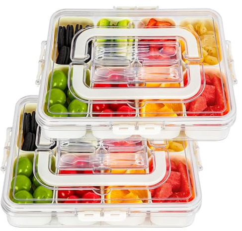 LDYOEN 2pcs Snack Box Caja para Aperitivos con 8 compartimentos, Bandeja para aperitivos con tapa y asa, Plato para aperitivos para dulces, frutos secos, fruta, verdura, galletas y postres