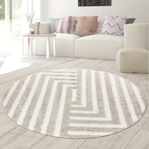 Teppich-Traum Hochflor Teppich Rund Hoch-Tief-Struktur Beige Ø 160 cm | Flauschig weich, pflegeleicht, strapazierfähig, langlebig, hautsympathisch, OEKO-TEX geprüft, für Fußbodenheizung