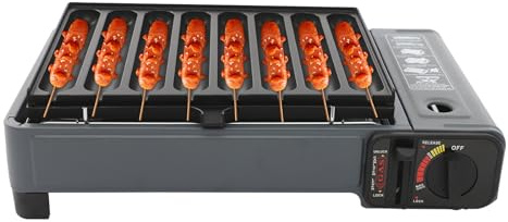 MEELRYD Barbecue a gas portatile, set di barbecue a gas da campeggio con piastra per salsicce, contenitore per il grasso e valigetta per il trasporto, 2,2 KW, per campeggio, riunioni, camper