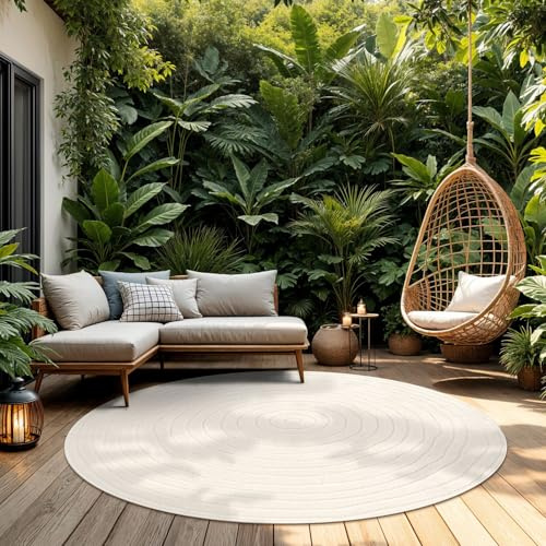 TT Home Outdoor Teppich Rund 160 cm Creme, Wetterfest & Robust Japandi Skandi Design mit Geometrischer 3D-Optik, für Terrasse & Wohnzimmer