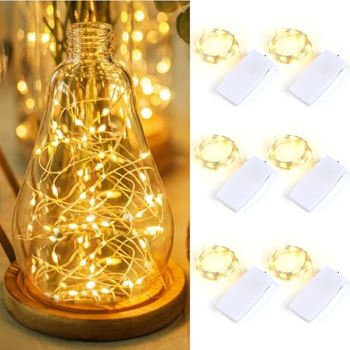 Carehabi LED Lichterkette Akku Aufladbar (6 Stück), 2m 20 LED Drahtlichterkette mit Abnehmbarem USB-C Akku, Warmweiß Deko für Flaschen, Weihnachten & Zimmer, IP44 Wasserfest, Silberdraht
