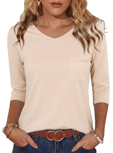 Crewhpo Womens 3/4 Sleeve Tops V Neck T Shirts Summer Casual Basic T-Shirt | Chest Pocket, Solid Color, Loose Fit, Soft Lightweight, Skin Friendly, Elegant Tee Blouses, Office Outfits, Daily Looks