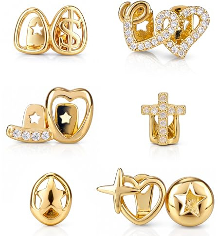 Mikovivi 6pcs Ensemble Grills Or, Bijoux Dentaires Strass Dorure Cœur Étoile Croix Caps Dentaires pour Dessus & Dessous pour Femmes Hommes Cadeau Mode Fête Halloween