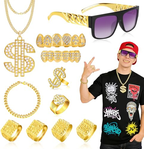 Wynlora 9Pcs Hip Hop Costume Accessories, 90s Rapper Fancy Dress Set with Dollar Sign Necklace Rings Retro Sunglasses Adjustable Rhinestone Teeth Bracelet for Women Men Disco Party