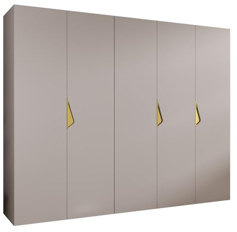 MEBLE KRYSPOL - Kleiderschrank - Garderobenschrank - 250 cm x 202 x 52 cm - Schrank mit Kleiderstange, 5 Türen - für Schlafzimmer, Flur - SANDI, Kaschmir, Griff Gold