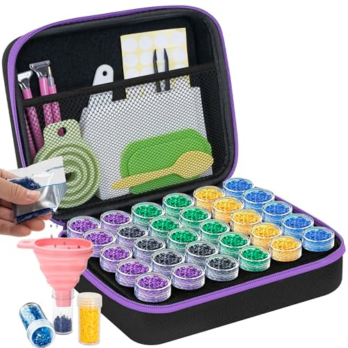 TORIBIO 30 Slots Diamond Painting Storage Boxes, Tools Kits with Pens | 71 PCS Diamond Art Accessories, 5D Diamond Embroidery Sorting Box for DIY Art Craft Jewelry Beads Rhinestones Storage Purple