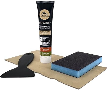 Sofolk - Kit Réparation Tous Types de Cuir - Pâte Réparatrice RépaCuir 20 GR + 1 Pièce de Cuir 10 x 20 cm + 1 Feuille de Papier Abrasif - pour Cuir Usé, Griffures, Coupures, Craquelures