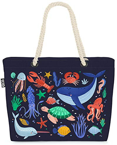 VOID Meerestiere Wal Krebs Fische Strandtasche Shopper 58x38x16cm 23L XXL Einkaufstasche Tasche Reisetasche Beach Bag