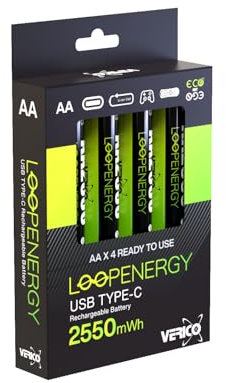 VERICO LoopEnergy AA 2550 Wiederaufladbare USB-C Batterie AA 1,5V 2550mWh (1700mAh) Li-Ion, Schnellladung via USB-C Anschluss in ca. 2 Stunden, 4X AA, Farbe: Grün
