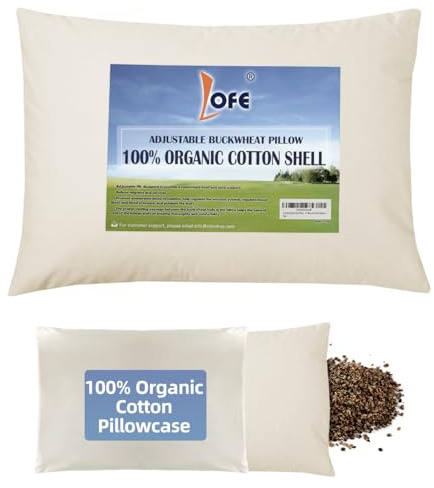 LOFE Organic Buckwheat Pillow for Sleeping with Organic Cotton Pillowcase - 16''x22'', Adjustable Loft, Breathable for Cool Sleep, Cervical Support for Back and Side Sleeper(Tartary Buckwheat Hulls)
