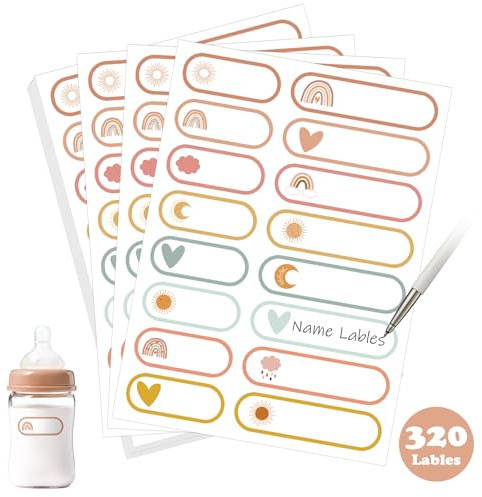 320 Pcs Baby Bottle Labels for Daycare, Name Labels for Daycare Essentials, Self Laminating, School Name Stickers for Kids Waterproof Food Milk Stickers Self Adhesive Tags(Boho)