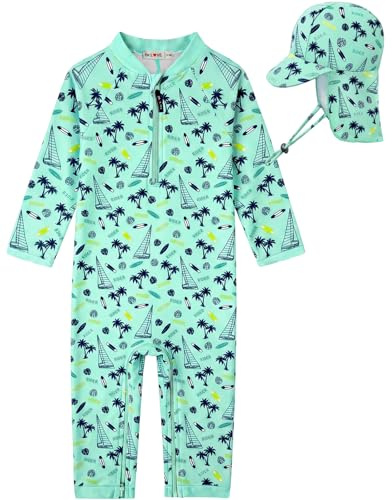 weVSwe Maillot De Bain Bébé Enfant UPF 50+ Protection Entrejambe Fermeture Éclair Manches Longues avec Chapeau De Soleil D'Été Vert Planche De Surf 0-6 Mois