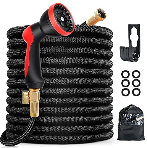 Flexibler Gartenschlauch, ausdehnbarer Wasserschlauch mit 10 Funktionen Sprühdüse,strapazierfähiger 4-lagiger Latex-Wasserschlauch,Beste Wahl zum Gießen und Wasche (100FT, Rot und Schwarz)