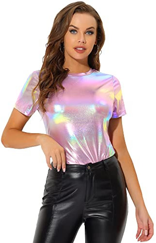 Allegra K Damen Sexy Clubwear Bluse Kurzarm Shiny Metallic Glittzer Tee Top Shirt Glänzendes Rosa L