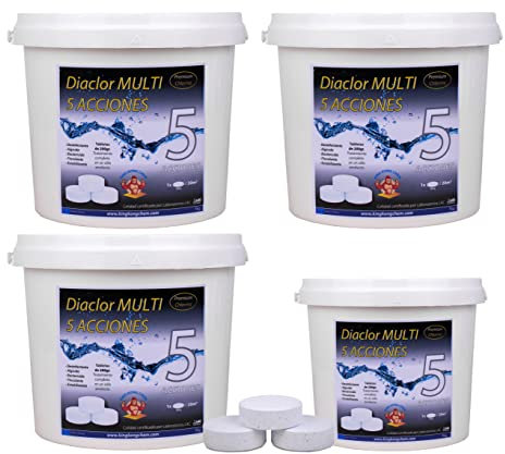 Pack Ahorro 4 Cubos Pastillas Cloro Piscinas súper clarificante DIACLOR Multi 5 ACCIONES 18 KG (3 Cubos 5 kg + 1 Cubo 3 kg) · Pastillas 200 gr sin Cobre