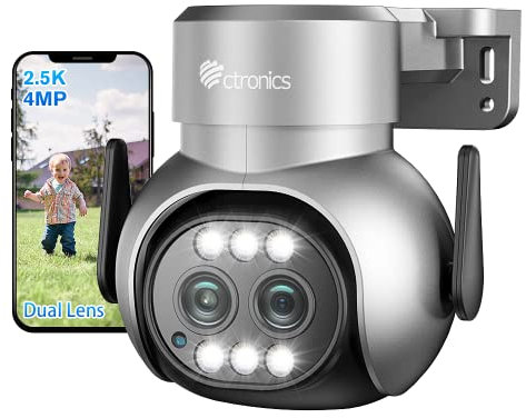 Ctronics 2.5K 4MP Überwachungskamera Aussen WLAN mit Dual-Objektiv, 6X Hybrid-Zoom mit 2,4/5GHz PTZ IP Kamera Outdoor, Personenerkennung, Auto-Zoom-Tracking, Farb-Nachtsicht, Alarm, 2-Wege Audio, IP66