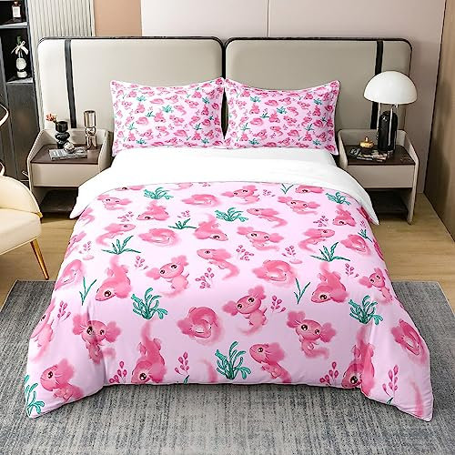 Loussiesd Kinder Nette Axolotl 100% Baumwolle Bettwäsche Set 135x200cm Cartoon Salamander Bettbezug Set Für Jungen Mädchen Kawaii Ozean Sealife Betten Set Reptil Tier Rosa Bettbezug