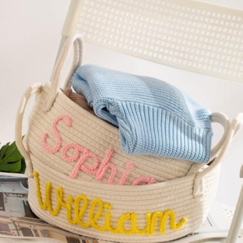 Hainadian Personalisierbarer Namenskorb für Mädchen und Jungen, personalisierbarer Baby-Duschkorb mit Namen, Geschenk für Baby, Osterkorb, Haustierkorb, Spielzeugkorb, Wäschekorb (L 36 x 25 x 16 cm)