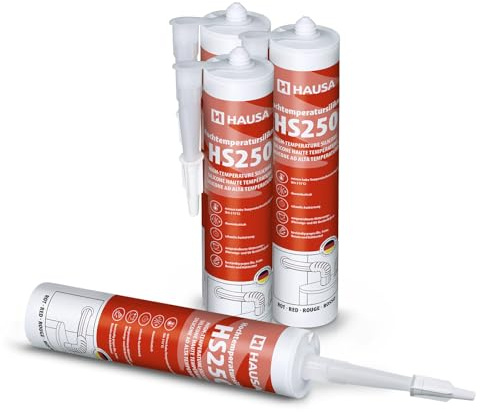 Silicone haute température HS250 Colle et mastic professionnel pour joints pour températures jusqu'à 305°C Étanchéité de moteurs automobiles, industriels et marins 4x310ml (Rouge) HAUSA