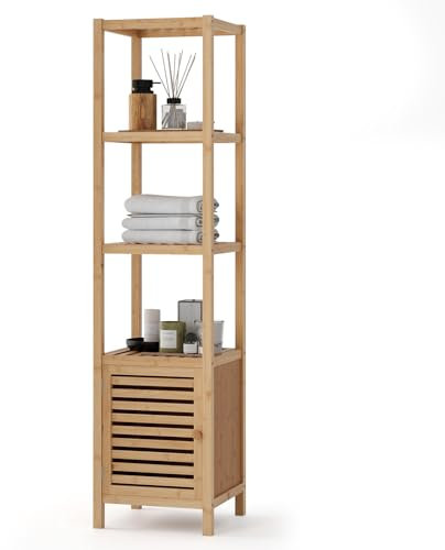 RELAX4LIFE Mobiletto Bagno Salvaspazio in Bambù, Mobile da Bagno Alto e Stretto, Scaffale Multiuso con 4 Ripiani Aperti e Armadietto Piccolo, 140 x 34 x 33 cm